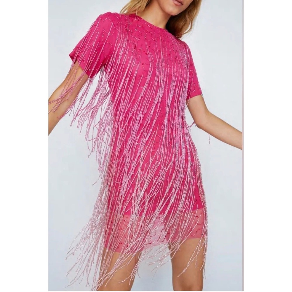 Nasty Gal Dress Womens 2 Pink Shift Mini Fringe Beaded Party Cocktail‎ Festival